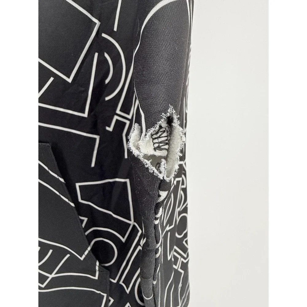 Adidas Hoodie Kids Large‎ Black White Pullover Sweatshirt Tear on Left Sleeve